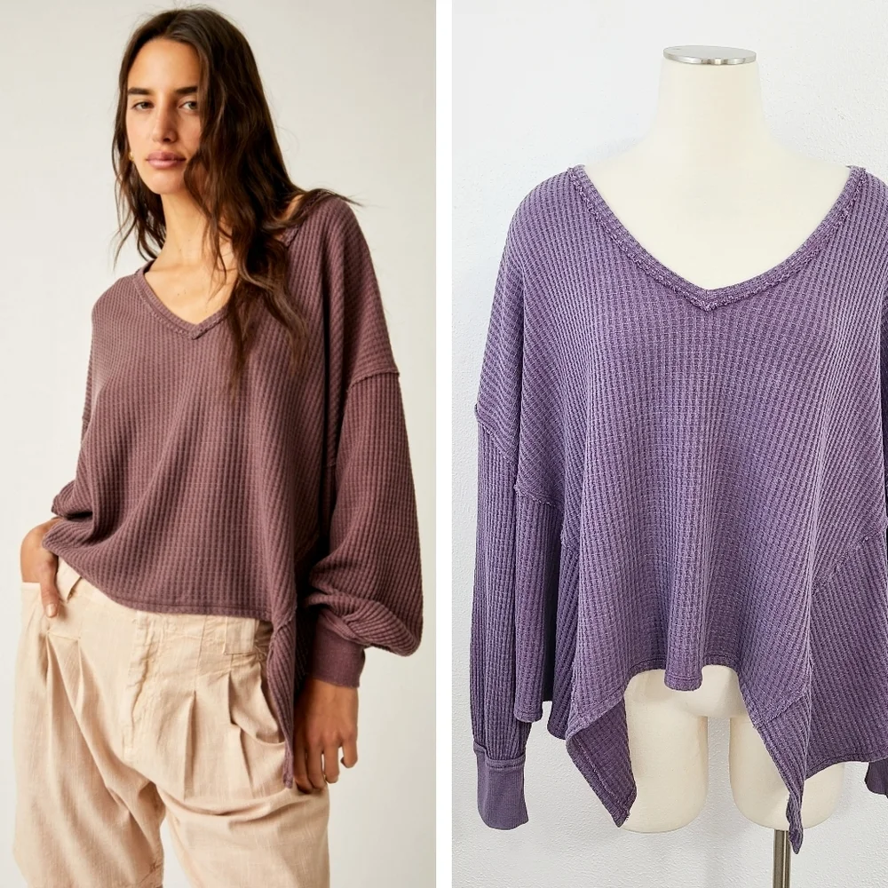 Free People Coraline Thermal top Potent Purple waffle knit dolman sz medium NWT - Picture 2 of 9